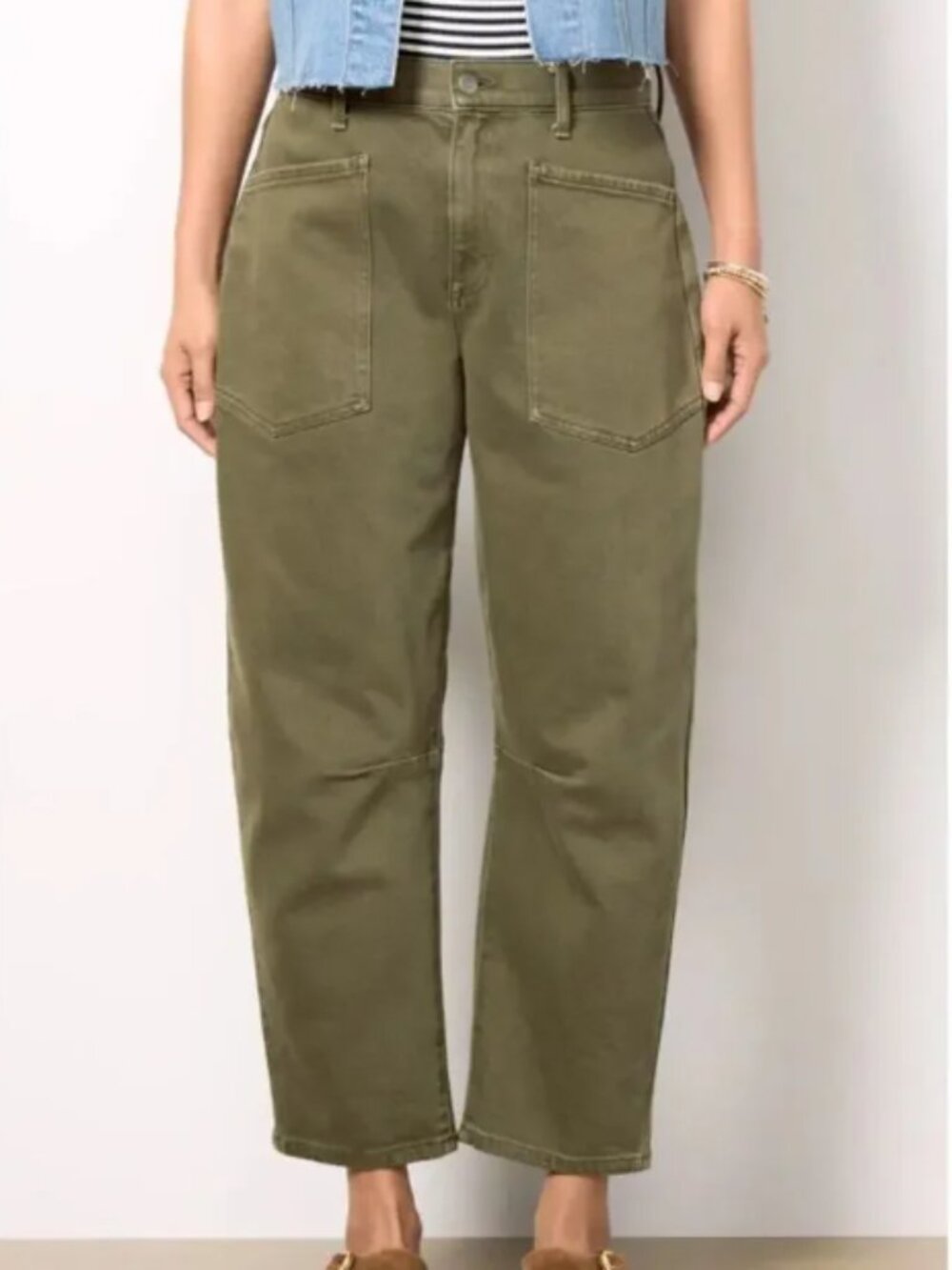 Evereve Cora Barrel Leg Utility Pants Olive Army Green sz 30 Jeans Stretch Denim